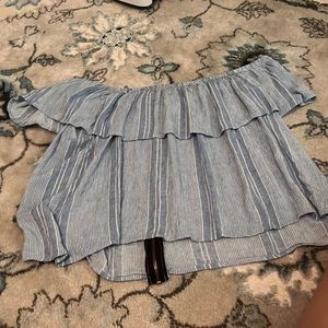 blue and white striped off the shoulder top.